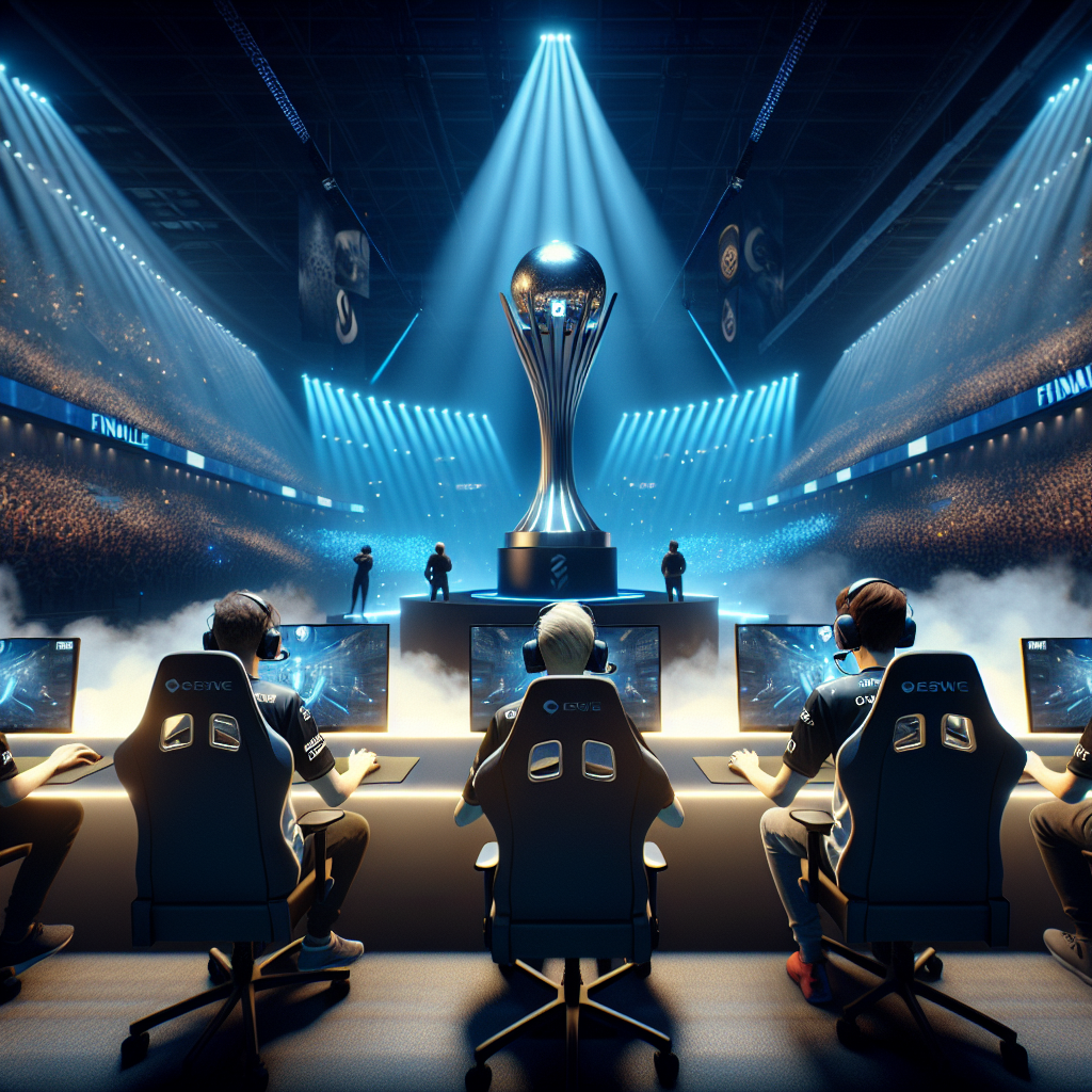 Vitality versus FURIA in Krakow grand final, trophy between teams onstage under spotlights